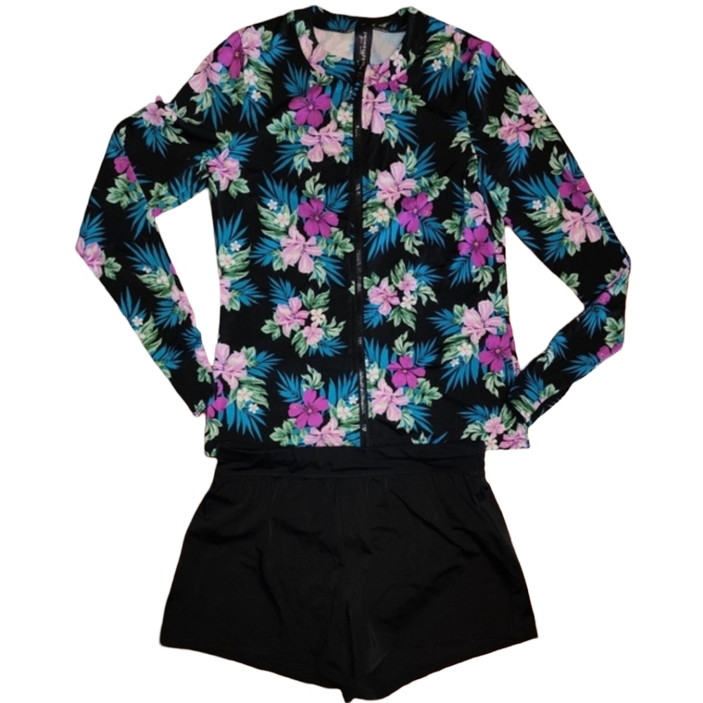 SWIMSUITS FOR ALL Zip Front Floral Rashguard & Shorts Set Size 10